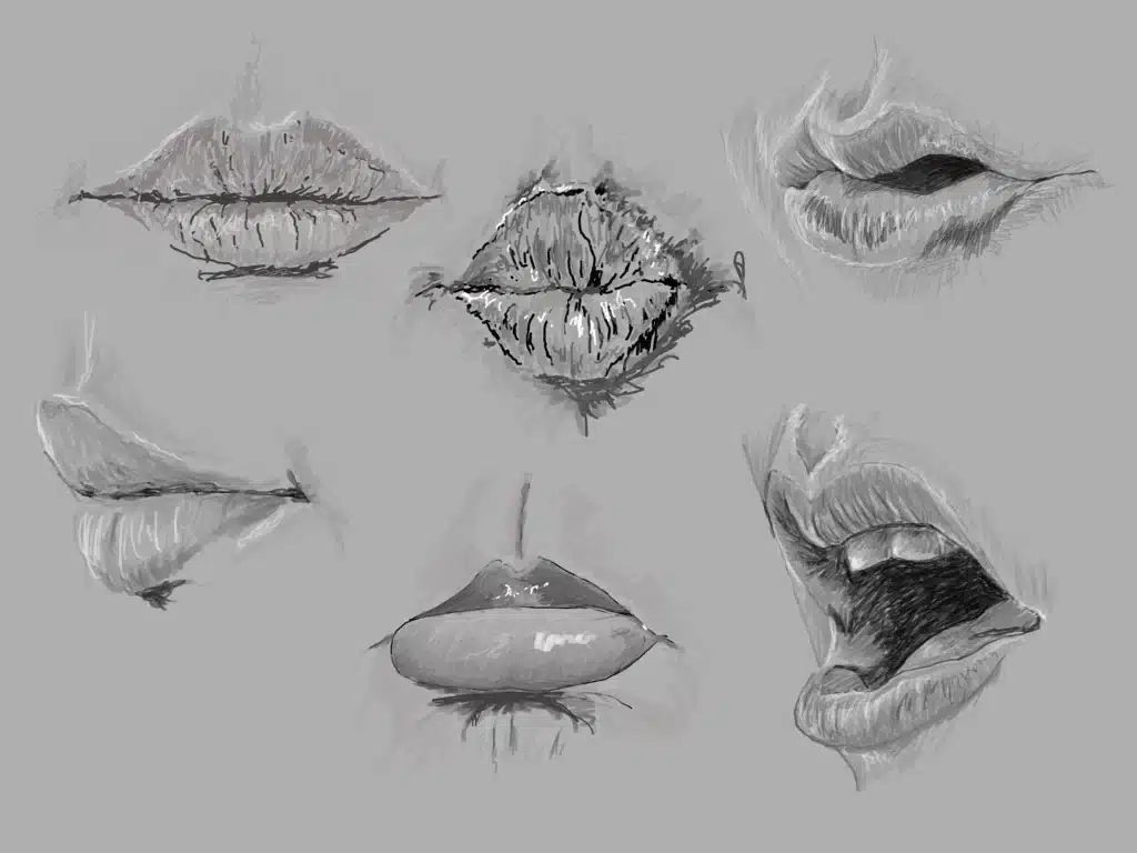 Six sketches of various mouth positions.