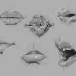 Six sketches of various mouth positions.