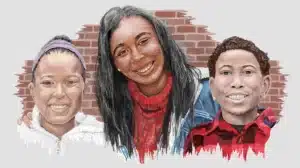 Three smiling people posing together in front of a brick wall: a woman center in a red turtleneck flanked by a girl in white jacket (left) and a boy in a red plaid shirt (right). (Commissioned digital painting in 2021).